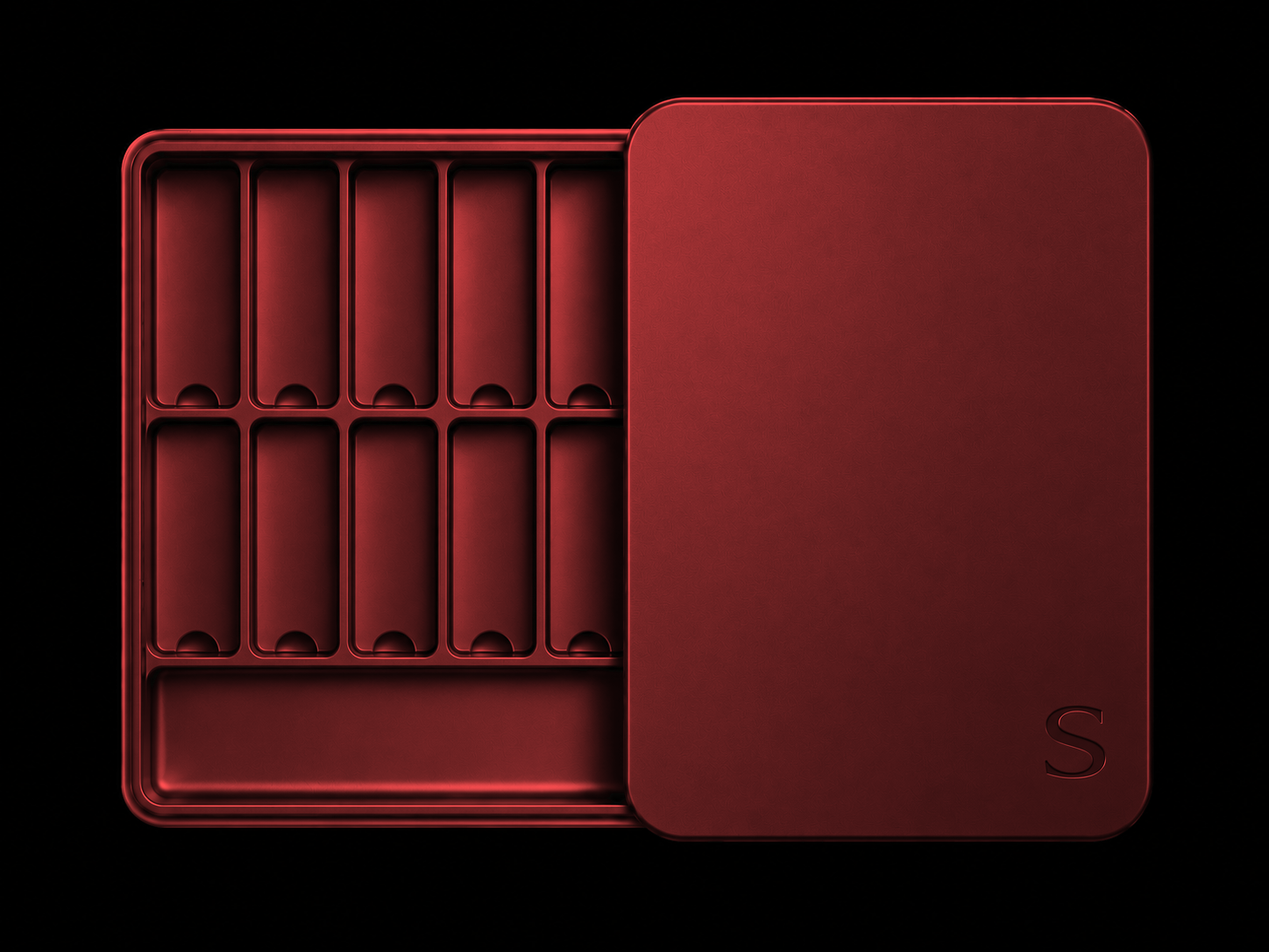 SNUMAG in Cherry Red, shown open with its compartment tray