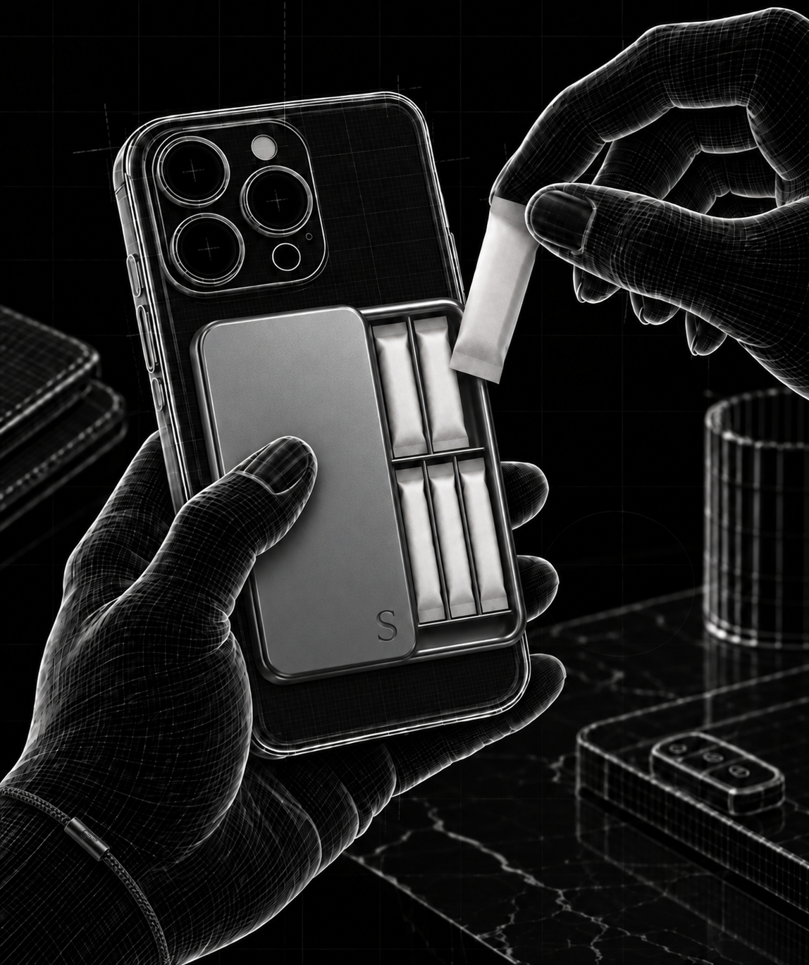 SNUMAG open on the back of a phone, a pouch being taken out